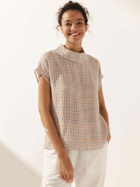 Linen Cutout Turtleneck Top QUINN - Amber Blush Plaid / XXXL