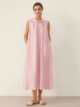 100% Linen Structured Collar Sleeveless Maxi Dress with Belt OPAL - Rosa / XXL