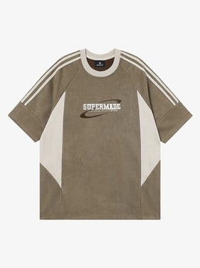 Suede Contrast Color Spliced Letter Embroidery Oversize T-shirt - 2462 - Khaki / 2XL