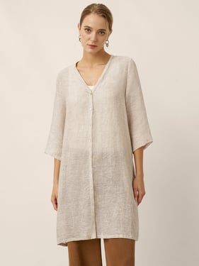 100% Linen Button Front Three-Quarter Sleeve Top PEYTON - Khaki / XXL
