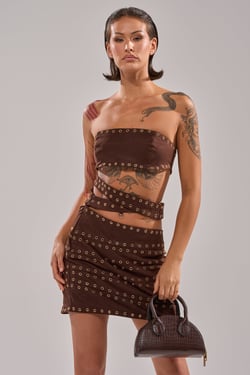 AKIRA Partys Here Suede Cutout Mini Dress | Brown | Size 1X