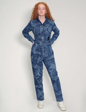 Peace' Laser Printed Button Blue Jumpsuit