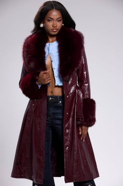 AKIRA Kaya Fur Trim Trench Coat | Burgundy | Size Large