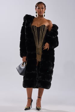 AKIRA Faux Fur Panel Hooded Trench | Black | Size XL