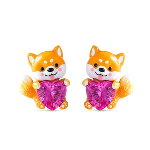 Jeulia Hug Me "Smiling Shiba Inu" Heart Cut Sterling Silver Earrings