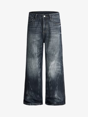 Vintage Distressed Wash Wide Leg Jeans - Blue / 2XL