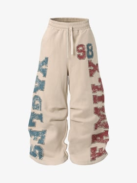 Retro Fleece-Lined Color-Block Letter Print Baggy Pants - Apricot / XL