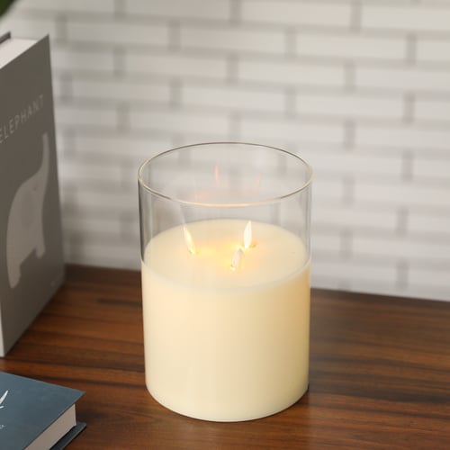 8''High 3-Wick Glass Battery Operated  Flameless Candles White