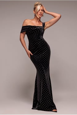 Goddiva Glitter Polka Dot Velvet One Shoulder Maxi Dress - Black