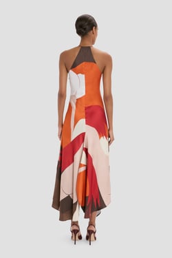 Victoria Beckham Halter Neck Midi Dress In Abstract Dark Earth - 14 - Womens