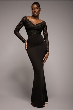 Goddiva Scalloped Lace Bodice Long Sleeve Bardot Maxi Dress - Black