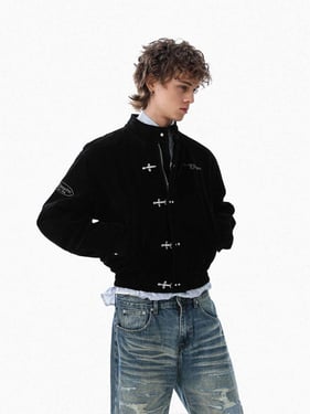 Vintage Suede Embroidered Metal Clip Down Jacket - Black / XL