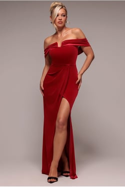 Goddiva Off The Shoulder Front Split Velvet Maxi Dress - Red