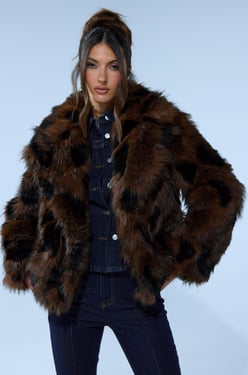 AKIRA Shortie Fur Coat In Brown Multi | Black | Size Small/Medium