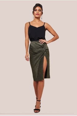 Goddiva Knot Front Thigh Split Midi Skirt - Gold