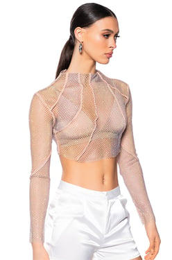 AKIRA Azaria Rhinestone Mesh Top | Size Large