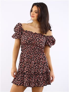 Ax Paris Printed Puff Sleeve Frill Detail Mini Dress - Red Floral - 8