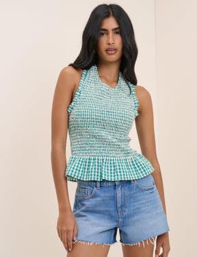 Turquoise Gingham Shirred Halterneck Tizzy Top