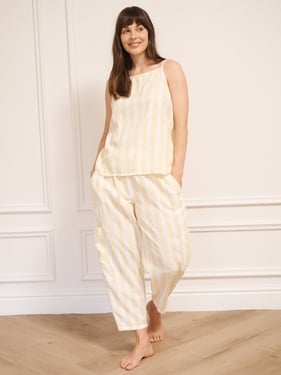 Womens Buttermilk Yellow Stripe Linen Blend Apron Top & Barrel Leg Trouser Pyjama Set - 3XL / 22-24 / White