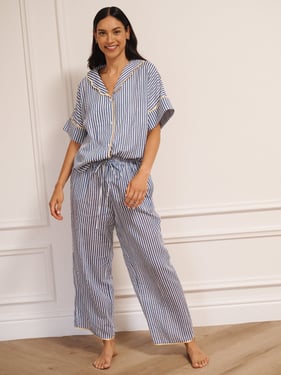 Womens Navy Ticking Stripe Gauze Oversize Pyjama Set - 3XL / 22-24 / Navy