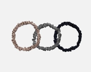 QE Home 100% Mulberry Silk Skinny Scrunchies in Black, Bronze, Pewter (Set of 3)