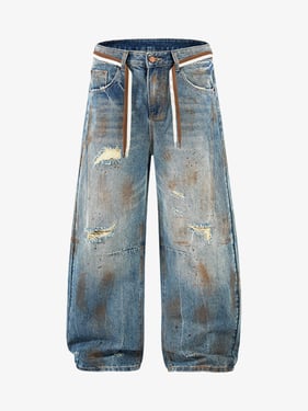 Retro Ink-Splashed Ripped Jeans - Blue / 2XL