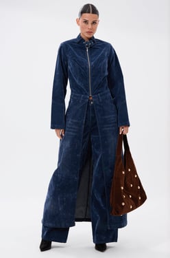 AKIRA Valerie Velvet Effect Trench In Blue | Size XL