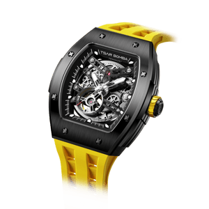 TSAR BOMBA Men's Automatic Watch | Black Yellow | Stainless Steel Case | Japanese Mechanical Skeleton Movement | Luxury Sport Wristwatch | Elemental TB8228A