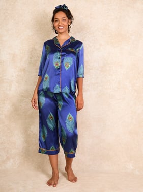Womens Satin Cropped Sleeve Capri Pyjamas Navy Blue Peacock Feather - 3XL / 22-24 / Blue