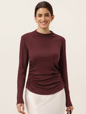 Wool Mock Neck Waist Pleat Top ISOLDE - Ruby / XXL