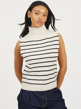 Brave Soul Sleeveless Stripe Polo Knit - Oatmeal / Black - XS