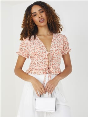 Brave Soul Teena Tie Top - Cream Floral - 8