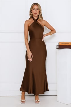 Majestic Girl Halter Satin Maxi Dress Brown