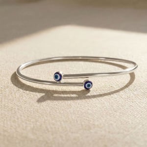Turkish Blue Evil Eye Minimalist Sterling Silver Bangle