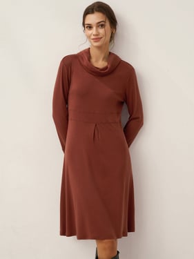 Lyocell Wool Draped Neck Stretch Midi Dress KIRA - Maroon / XXL
