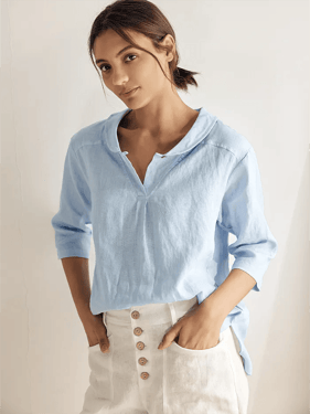 100% Linen Stripe Shawl V-Neck Half Sleeve Top - Baby Blue / XXXL