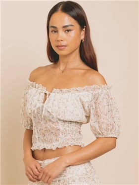 Daisy Street Puff Sleeve Co-Ord Crop Top - Cream Floral - 14