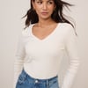 Cream V-Neck Long Sleeve Ribbed Top