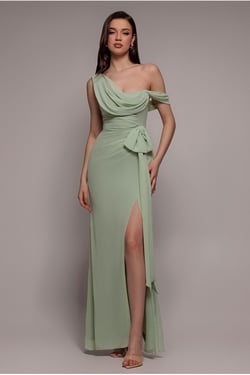 Goddiva One Shoulder Cowl With Bow Detail Maxi Dress - Sage Green