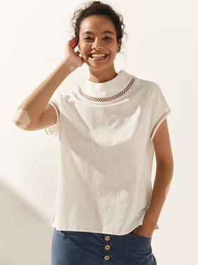 100% Linen Gingham Checked Cutout Turtleneck Top CAROL - Optic White / XXXL