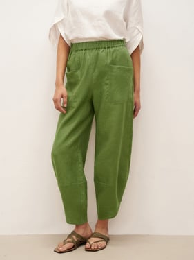 100% Linen Petal-Hem Trousers with Elastic Waist LIV - Sage Green / XXL