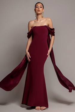 Goddiva Off Shoulder Velvet Satin Wing Cape Maxi Dress - Burgundy
