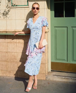 Blue Ditsy Floral Ruffle Mix and Match Midi Dress - 18