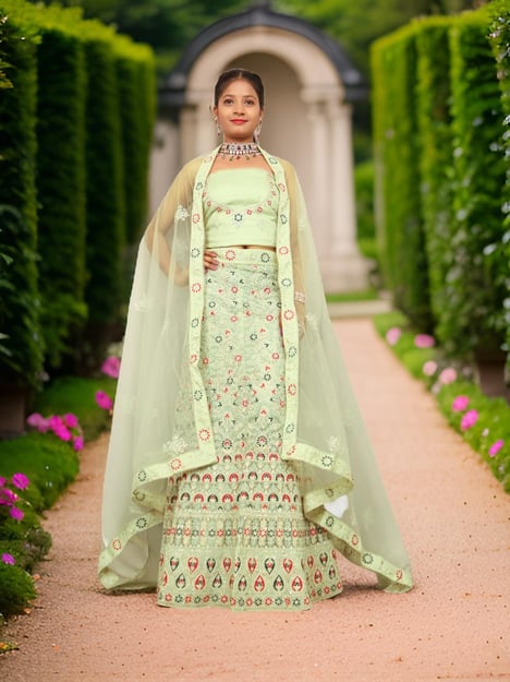 Semi-Stiched Lehenga with Soft Net Fabric & Zari Thread Work by Shreekama