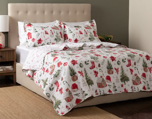 QE Home Snowy Village Recycled Polyester Coverlet Set, Seasonal, White, King