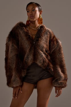 AKIRA Natural Instincts Hooded Fur Bomber Jacket | Brown | Size Large/XL