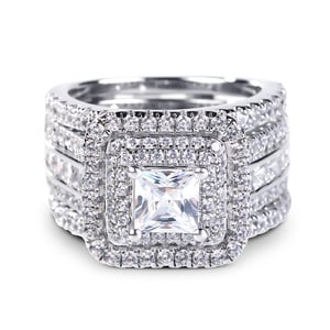 Jeulia Three Halo Princess Cut Sterling Silver Enhancer Ring Set