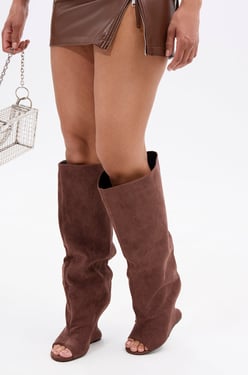 AKIRA Azalea Wang Vincent Suede Open Toe Boot | Brown | Size 11