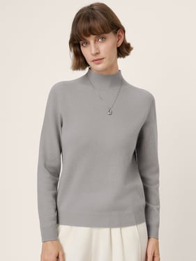 Premium Cashmere Blend Hand-Finished Seamless Mock Neck Ribbed Sweater RHEA - Light Grey / XXL