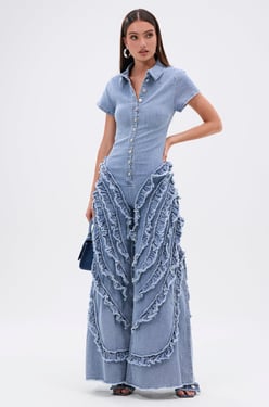 AKIRA Leave It Ruffled Jumpsuit In Denim | Light Blue | Size 1X